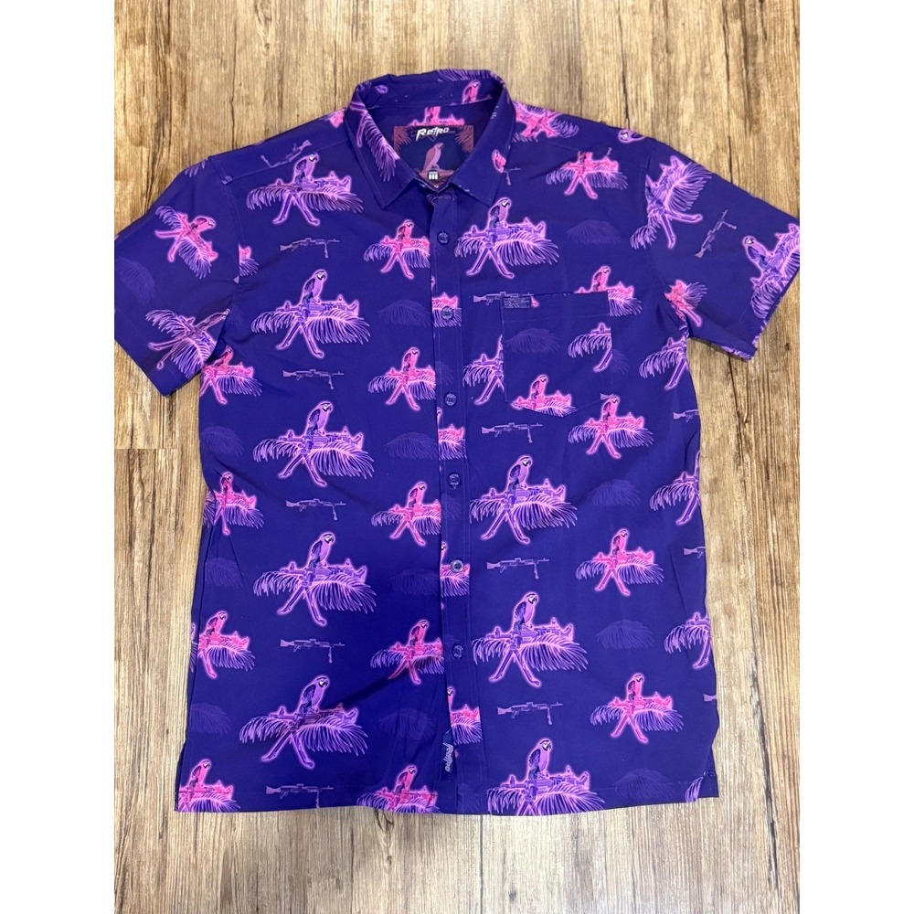 Retro Rifle Saws &‎ Macaws Parrot Tropical Print Short Sleeve Button Shirt Men M - Picture 2 of 4